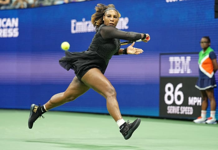 Serena Williams hits a backhand during the first round of the 2022 U.S. Open